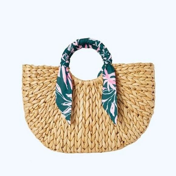 Lilly Pulitzer Monkey Business Half Moon Tan Straw Beach Tote with Floral Scarf - Picture 1 of 10